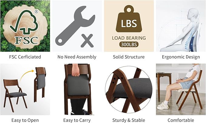 Ball & Cast Padded Folding Chairs 2 Pack,Solid Wood Frame Foldable Dining Chair,18" Seat Height,Space Saving,Easy to Carry Suitable for Kitchen, Bedroom, Light Grey
