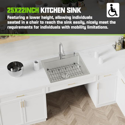 Stainless Steel Kitchen Sink, 25x22x6 Inch Low Height Design Single Bowl Drop In Topmount Kitchen Sink Come With Accessories Ensure Individuals With Limited Mobility Easily Accessing And Using