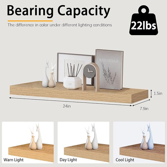 INHABIT UNION Oak Floating Shelves for Wall,24in Wall Mounted Display Ledge Shelves Perfect for Bedroom, Bathroom, Living Room and Kitchen Decoration Storage (Oak, Set of 2)