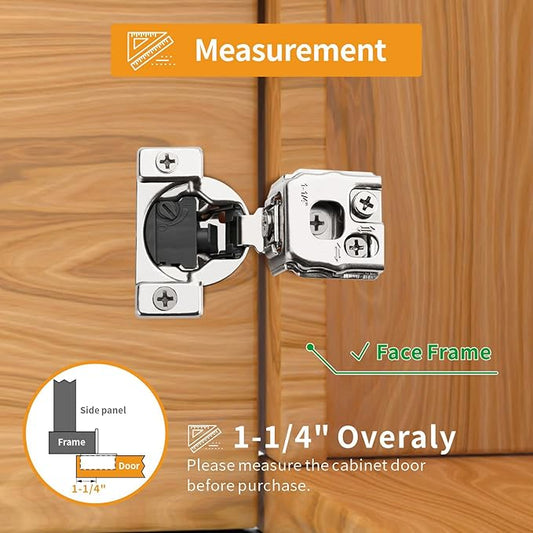 Chibery 50 Pack 1-1/4" 4D Overlay Soft Close Concealed Hinges for Face Frame Door, Control Closing Speed, Smooth Slow Self Close Hinges, Satin Nickel, 105ยฐ Open Angle Stainless Steel Cabinet Hinges