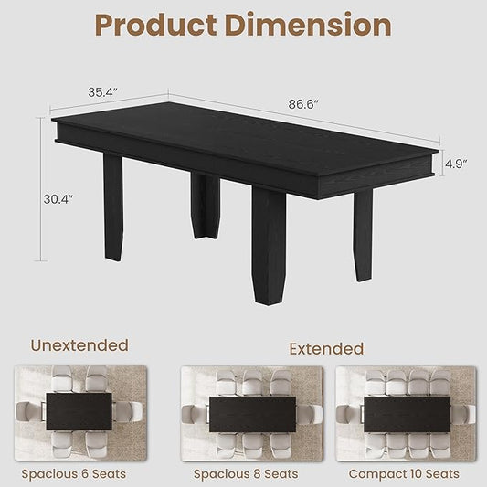 GarveeHome 63 in-86.6 in Extendable Dining Room Table for 6-10, Farmhouse Kitchen Tables w/Wooden Sturdy Frame, Large Rectangular Dinner Table for Dining Room, Kitchen