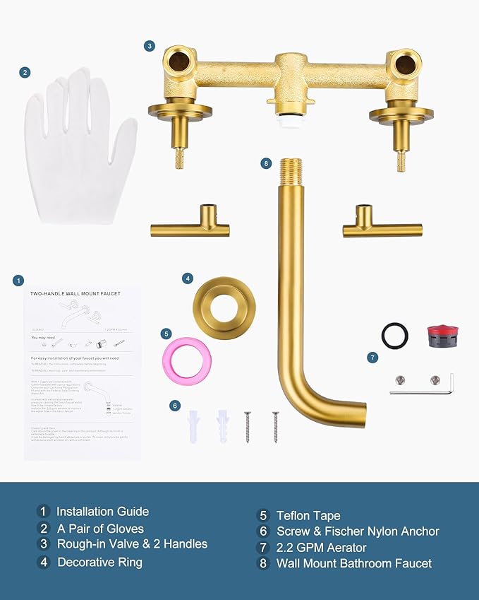 Wall Mount Bathroom Faucet - WOWOW Brushed Gold Bathroom Sink Faucet - 2 Handle Wall Mount Vessel Sink Faucet 3 Holes Elegant Classic Spout Rough in Brass Valve Included