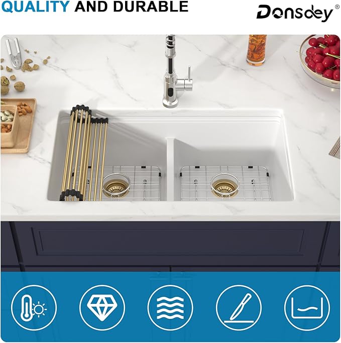 33 Inch Classic White Undermount Granite Composite Kitchen Sink Under Counter Quartz Double Bowl Sink Workstation Sinks with Accessories Quick Drain Noise Reduction Home Renovation Gold Accessories