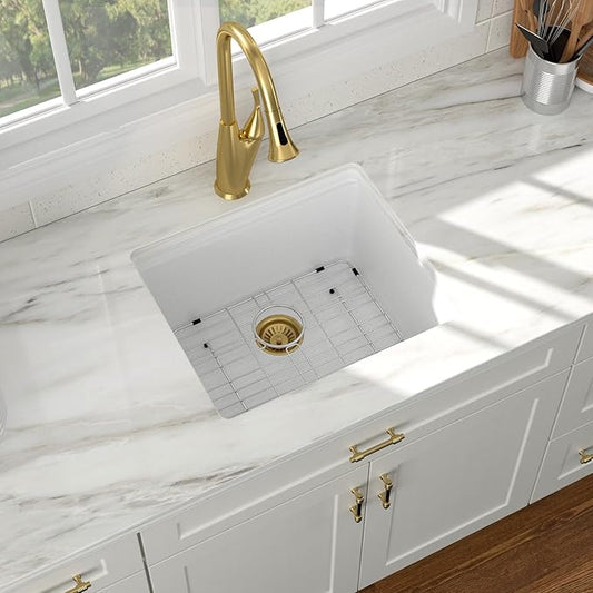 21 Inch White Undermount Bar Sink 21x18 Undermount Bar Sink Mini Wet Bar White Quartz Granite Composite Small Kitchen RV Sinks Single Bowl Outdoor Island Basin with Cutting Board
