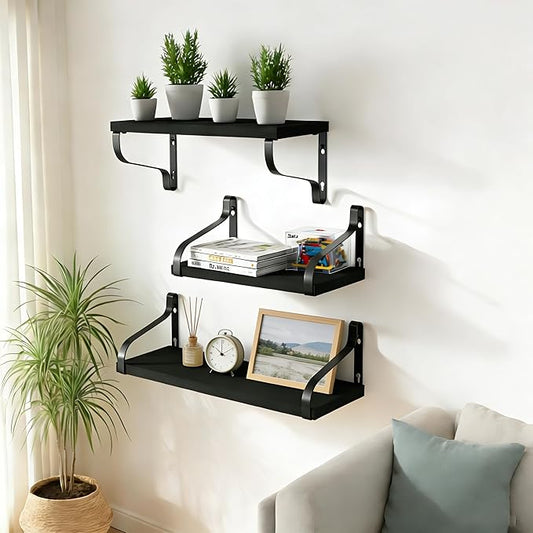 Love-KANKEI Floating Shelves Wall Mounted Set of 3, Large Wood Wall Shelves for Storage, Rustic Shelves for Display Bathroom,Bedroom,Living Room,Kitchen,Office and More Black