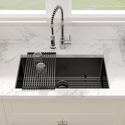 Sarlai 30 Black Undermount Kitchen Sink - 30 x 18 inch Kitchen Sink Undermount Gunmetal Black Stainless Steel 16 Gauge Single Bowl Sinks Basin
