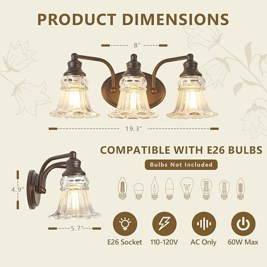 3-Light Bathroom Light Fixtures Over Mirror, Vintage Vanity Lights with Clear Floral Glass Shades, Oil Rubbed Bronze