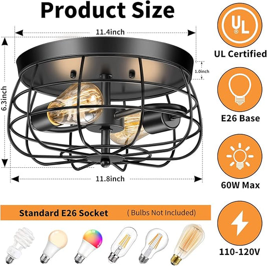 Lomoky 2-Light Farmhouse Ceiling Light Fixtures, Industrial Hallway Light, Vintage Black Metal Cage Ceiling Lamp for Living Room, Kitchen, Bedroom