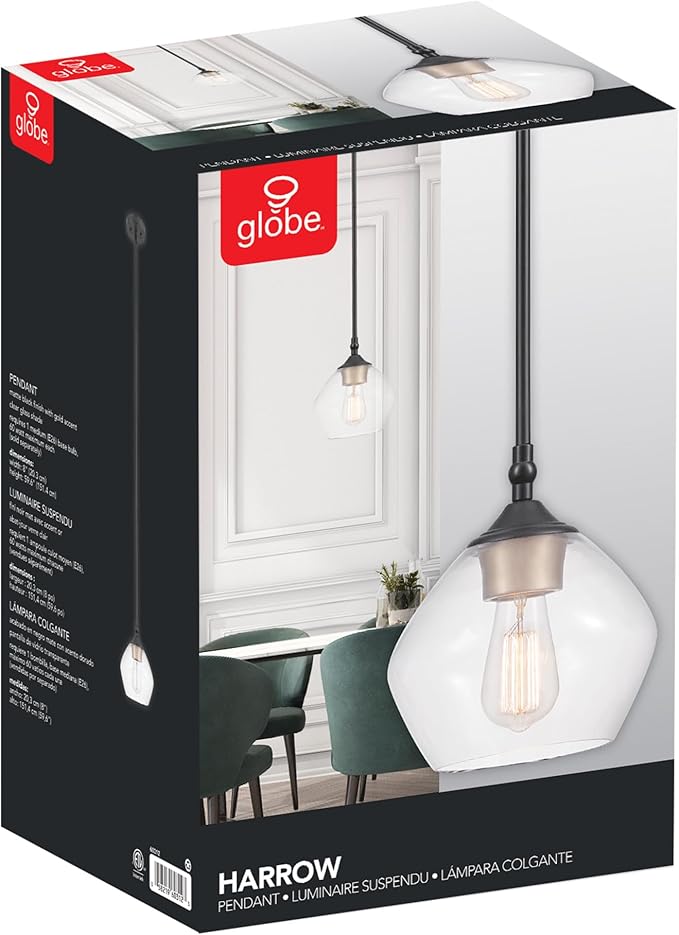 Globe Electric Harrow 1-Light Pendant, Gold Accent Socket, Shade 60312, 59.6", Matte Black with Clear Glass, Bulb Not Included