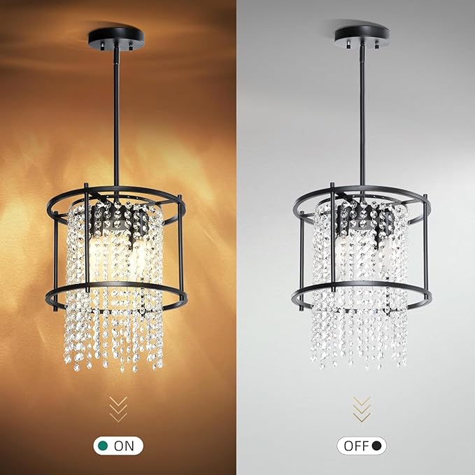 YITAHOME 4-Light Dining Room Crystal Light Fixture, 11.8 inch Round Farmhouse Chandelier Black Metal Pendant Light for Kitchen Island Dining Room Living Room