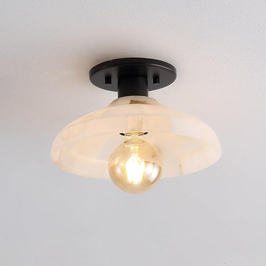 JONATHAN Y 10" Black/White 1-Light Modern LED Semi Flush Mount Ceiling Fixture, Alabaster Shade for Hallway Bedroom Foyer, Mid-Century Dimmable Lamp, Edison LED Bulb Included (JYL1207B)
