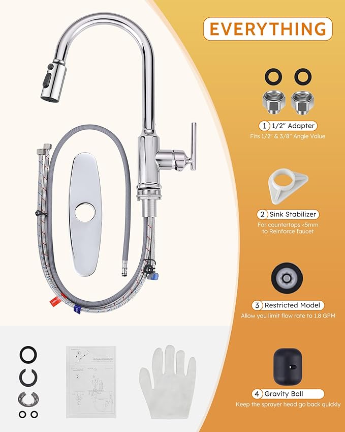 WOWOW Kitchen Faucets with Pull Down Sprayer, Chrome Kitchen Faucet with Sprayer, 304 Stainless Steel High Arc Single Handle Pull Down Kitchen Faucet for Kitchen Sink Faucet