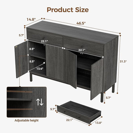 Mericonia Farmhouse Buffet Sideboard Cabinet with Storage, Fluted Coffee Bar with Doors and Adjustable Shelves, Modern Wood Console Cabinet with Drawers (4 Door, Grey 2 Drawer)