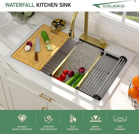 33x22 Drop In Waterfall Kitchen Sink White Granite Composite Smart Kitchen Sink Multifunction Single Bowl Top Mount White Multifunctional Waterfall Smart Sinks with Faucet Combo Glass Rinser