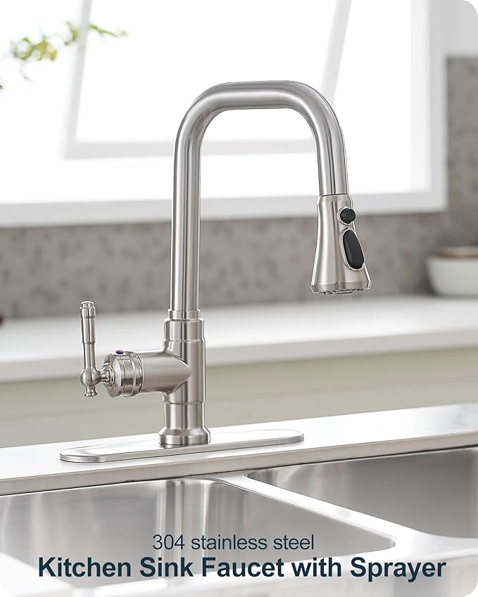 Brushed Nickel Kitchen Faucet with Sprayer, 3 Modes Pull Down Kitchen Sink Faucets, 304 Stainless Steel Suit 3 Hole or 1 Hole with Deck Plate & Pipes