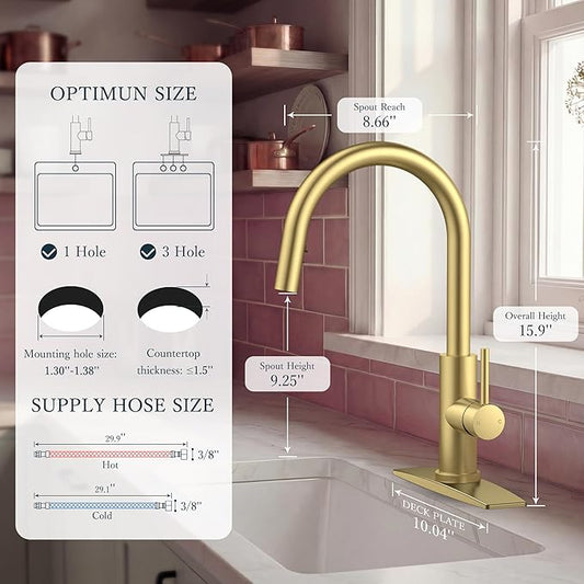FORIOUS Kitchen Faucets with Pull Down Sprayer, Gold Single Handle Stainless Steel High Arc Kitchen Sink Faucet with Deck Plate, Transitional Single Hole Faucet for Bar RV Outdoor Laundry Farmhouse