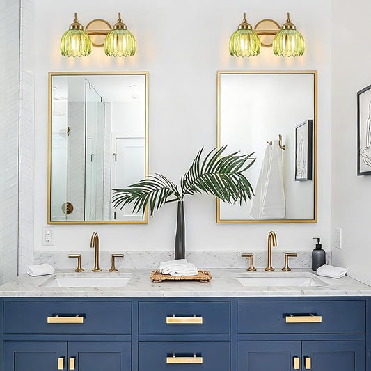 Vintage Bathroom Light Fixtures, Brass Vanity Lights with Green Tulip Glass Shade, Vanity Sconces for Bathroom Bedroom Living Room Hallway, 2-Light