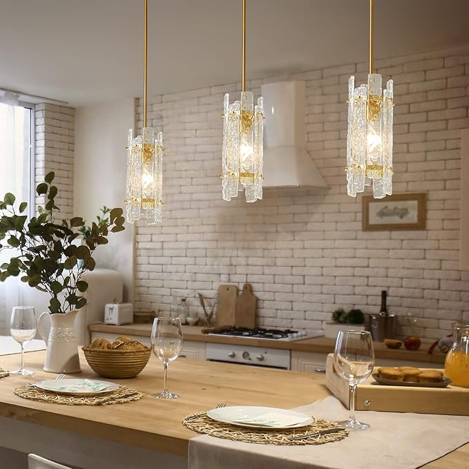 Modern Crystal Pendant Lighting Gold Pendant Lights Mini Glass Chandeliers, Adjustable Pendant Light Fixture for Kitchen Island Bedroom Living Room Dining Room Corridor(3Pack)