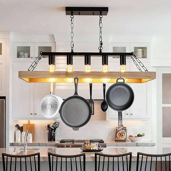 Rustic Farmhouse Chandelier for Dining Room, 31.5" Linear 5-Light Black Metal with Retro Wood Finish, Industrial Hanging Pendant Light Fixture for Kitchen Island Over Table (E26)