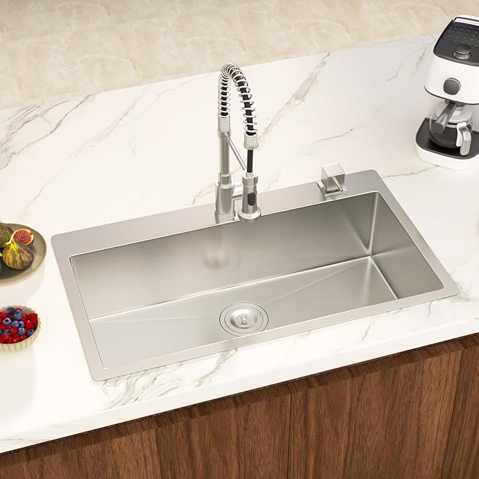 33 Inch Drop in Kitchen Sink 18 Gauge Stainless Steel 33x22 Single Bowl Brushed Handmade Topmount Kitchen Sinks Round Corner