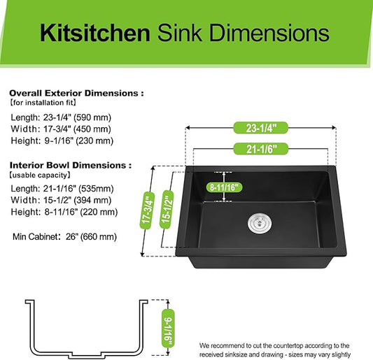 Kitsitchen Black Undermount Kitchen Sink, 23" x 18" Black Granite Composite Kitchen Sink with Drain Assembly & Bottom Gird, Small Quartz Stone Kitchen Sinks with Round Corner