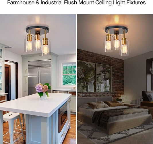 Black and Gold Flush Mount Ceiling Light 3-Light Black Semi Ceiling Light Fixture with Clear Glass Shades, Farmhouse Industrial Gold Brass Kitchen Ceiling Lights for Hallway Entryway Bedroom
