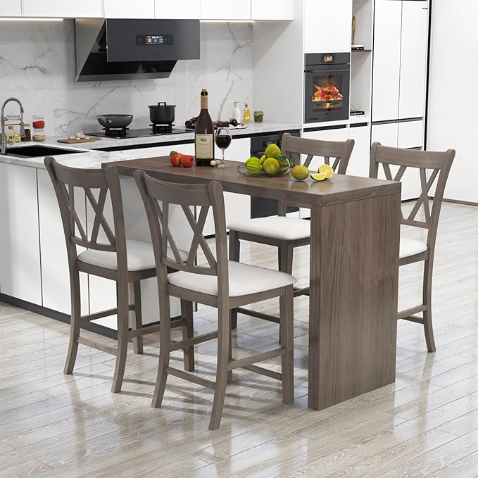 Giantex Wood Bar Stools Set of 2, 24" Counter Height Bar Stools w/Cross Back & Linen Fabric Upholstered Seat, Modern Farmhouse Wooden Barstools for Kitchen Island, Home Bar, Dining Room, Grey & White
