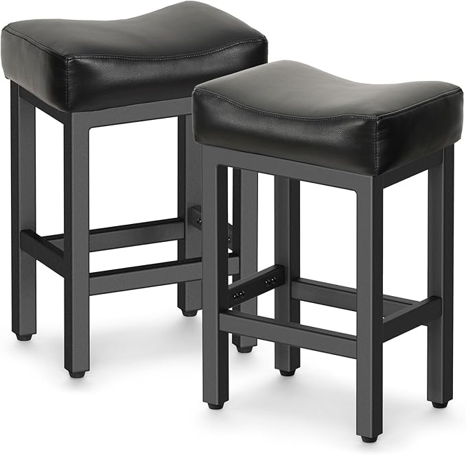 Raynesys Counter Height Bar Stools Set of 2, 24 Inch Barstools for Kitchen Island Counter, Bonded Leather Kitchen Stools with Thick Saddle Seats & Heavy Duty Metal Base, Easy Assembly, All Black