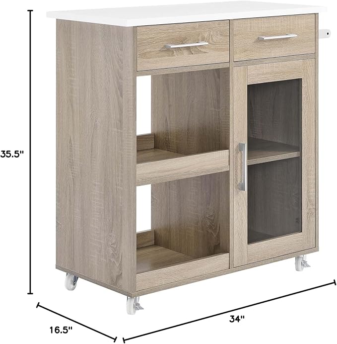 Modway Culinary Rolling Kitchen Cart with Storage in Oak White - 3 Tiers Kitchen Island on Wheels with Towel Bar, Functional as a Coffee Station, Bar Cabinet or Butcher Block Island