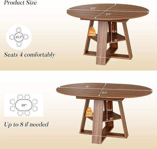 COSIEST 43.3in-59in Extendable Round Dining Table for 4-8 People, Modern Oval Kitchen Table with Storage Shelf & Removable Leaves, Space Saving Wood Dinner Table for Kitchen Living Room(Walnut)