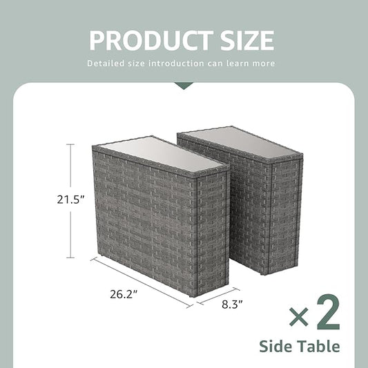 SUNSITT Rattan PE Resin Wicker Patio Side Table 2-Pack Sofa Wedge End Table with Tempered Glass Top, Grey