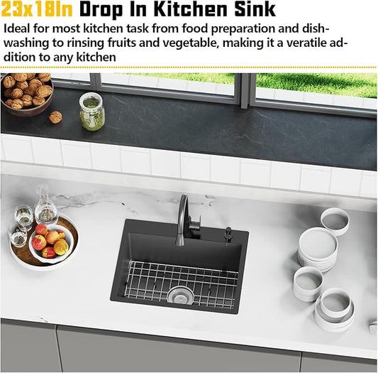 Black 23x18 Inch Drop In Kitchen Sink-Stainless Steel Single Bowl Topmount Kitchen Sink Stylish And Modern Look With Bottom Grid,Silicon Mat And Drain Assembly Add Elegance & Enhance Usability