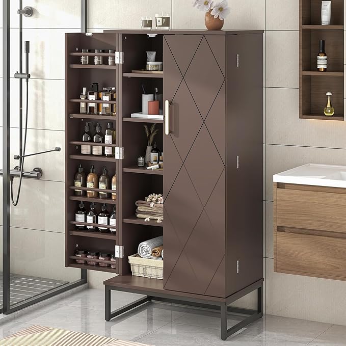 kepptory 51” Kitchen Pantry Storage Cabinet, White Freestanding Pantry Cabinets with Doors and Adjustable Shelves, Buffet Cupboards Storage Cabinet for Home Office Use, Dinning Room(Brown)
