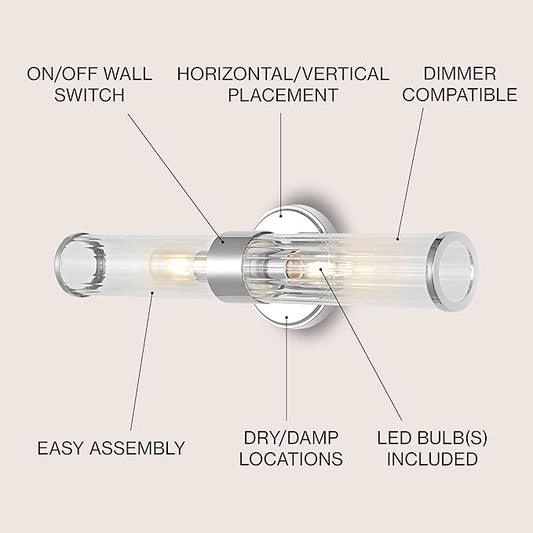 JONATHAN Y 23" Chrome Modern Mid-Century LED Vanity Light Sconce for Bathroom, Hallway, Bedroom Wall Mounted Fixture with Striped Clear Glass Shade, LED Bulb Included (JYL3538A)