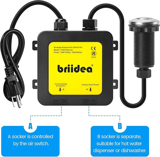 Garbage Disposal Air Switch Kit Dual Outlet Sink Top Waste Disposal Long Stainless Steel Polished On/Off Air Button Food and Waste Disposals Part by Briidea, UL Listed
