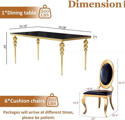 Glass Dining Table Set for 6 with 70" Rectangular Black Glass Kitchen Table, 7 Piece Dining Room Set with 6 Black Oval Back Upholstered Chairs for Living Room, Restaurant
