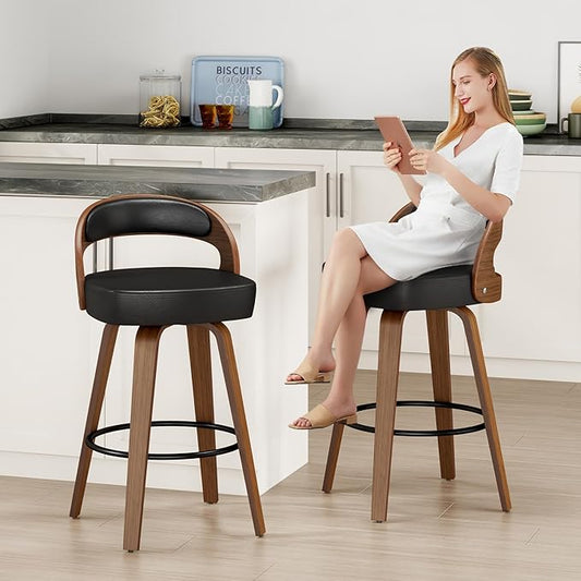 GOWE Swivel Bar Stools Set of 2, 26.8" Counter Height Bar Stools for Kitchen Island, Black Barstools Upholstered Faux Leather & Solid Wood Legs, VF