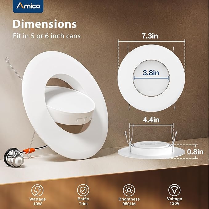 Amico 4 Pack 6 Inch Retrofit Eyeball Gimbal Can Lights, Adjustable Eyeball Directional 5CCT LED Recessed Lights, Dimmable, 2700K/3000K/3500K/4000K/5000K Selectable, 10W 950LM, ETL&FCC