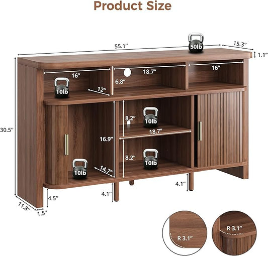 IRONCK 55" Sideboard Buffet Cabinet with Storage, Fluted Credenza with Sliding Door & Open Shelf, Mid Century Modern Accent Coffee Bar Console Table for Kitchen, Living Room, Entryway, Walnut