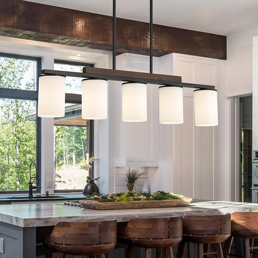Mecgirn Farmhouse Dining Room Light Fixtures Over Table, Black Pendant Lights for Kitchen Island with Milk Glass Shade, 5 Light Linear Chandelier Lighting with Wood