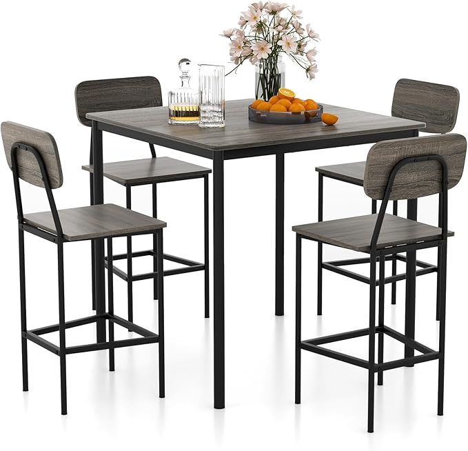 KOTEK 5-Piece Counter Height Dining Table Set, Industrial Kitchen Table and Chairs for 4, Space-Saving Dinette Set with Bar Stools for Dining Room, Pub, Restaurant (Grey Oak)