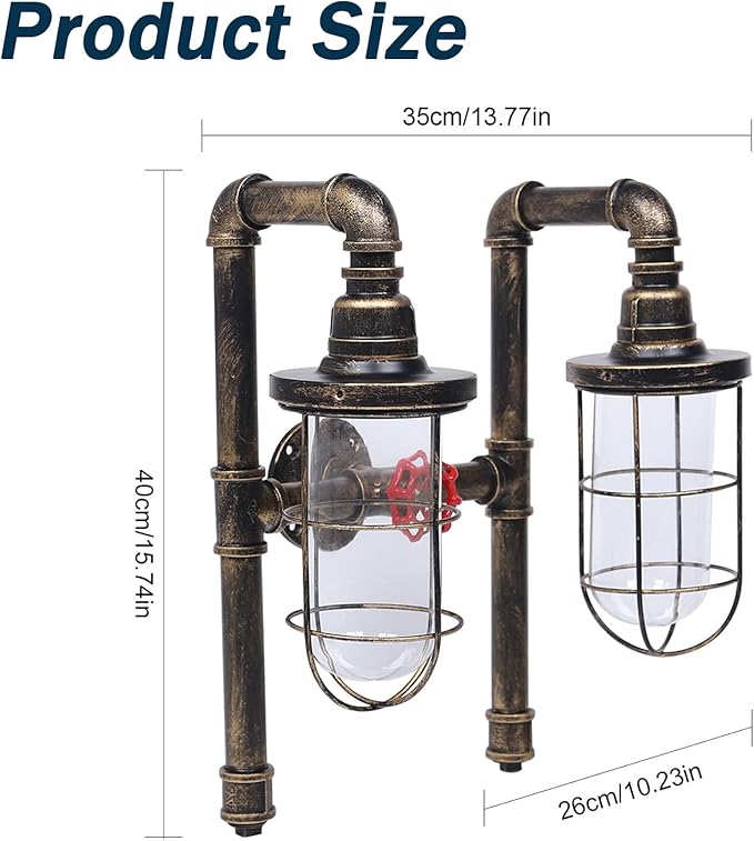 TFCFL 2 Light Vintage Steampunk Wall Light, Retro Wall Sconce Light Industrial Water Pipe Wall Lamp Light Fixture E26 60W Max for Bedroom Living Room Bronze Finish