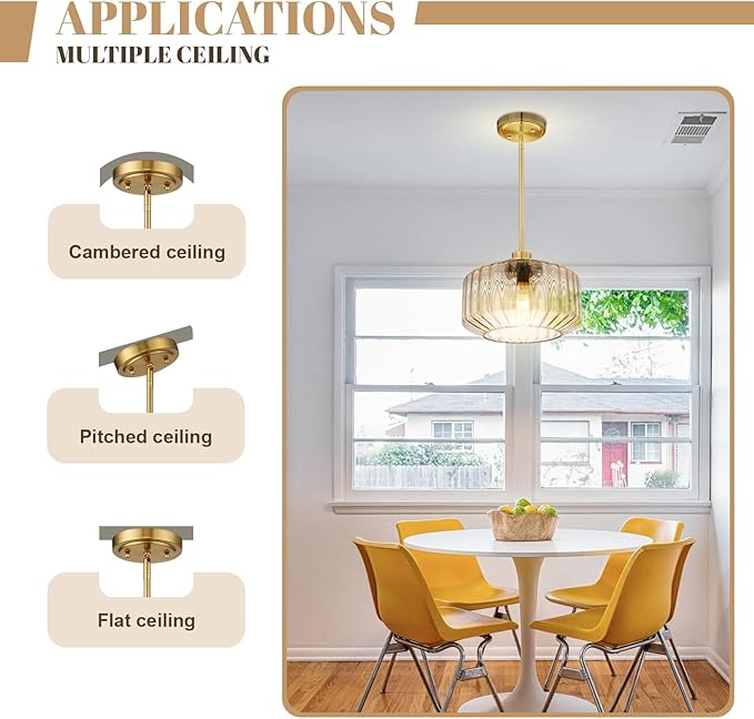 Modern Gold Pendant Light Mid-Century Chandelier for Dining Room, Amber Stripe Glass Shade, Adjustable Height Hanging Lamp for Breakfast Nook Bedroom Dining Room Living Room