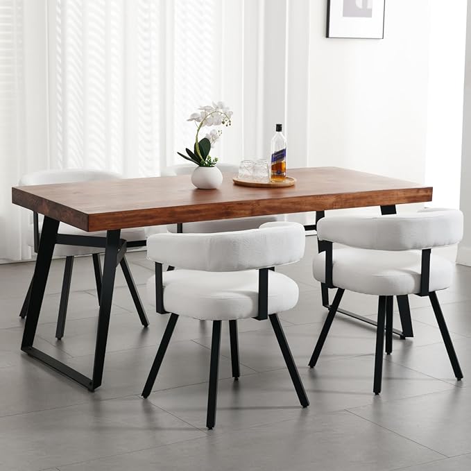 Modern Barrel Dining Chairs Set of 2, White Chenille Upholstered Dining Room Chairs with Arms, Comfy Kitchen Chairs with Black Metal Legs for Dinner Living Room