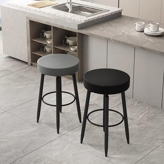 Set of 2 s, PU Leather Backless Chairs with Black Metal Legs, Chairs for Kitchen Island, Dining Room, Living Room, Restaurant,Grey-Sitting Height 65cm