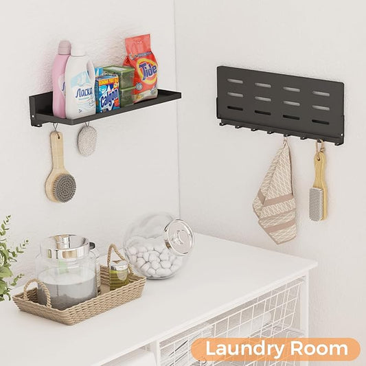 Folding Shelf with Hooks Wall Mount, Laundry Room Metal Shelves, Fold Up 90° and 8 Hooks, Foldable Storage Wall Shelf for Rv, Utility Room, Garage, Space Saving, Black(17.0", 2 Pack)