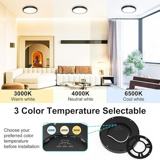 libtit 3Pack 7 inch Flush Mount Ceiling Light, 15W 1500Lm Surface Mount LED Light Fixture,3000k/4000k/6500k Color Selectable, Black Thin Flat Round LED Lamp for Bathroom Kitchen Laundry LivingRoom