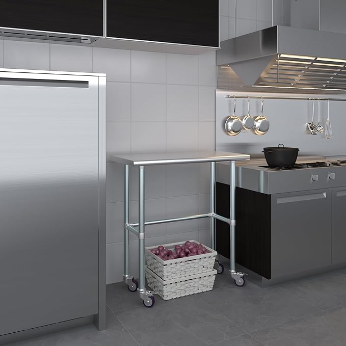 Stainless Steel Work Table Open Base & Wheels | NSF Kitchen Island Food Prep | Laundry Garage Utility Bench (36" Long x 18" Deep)