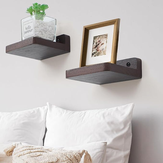 Small Floating Shelf, 4x4 Inch Display Ledges for Wall,Mini Shelves,Rustic Wood Shelf for Bedroom Living Room Bathroom Kitchen (4, Dark Walnut)