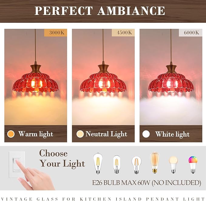 Red Glass Pendant Light, 11.8" Vintage Pendant Lighting Brushed Gold Glass Light Fixtures Red Chandelier Modern Hanging Ceiling for Dining Room Kitchen Island Sink Bedroom Foyer Entryway